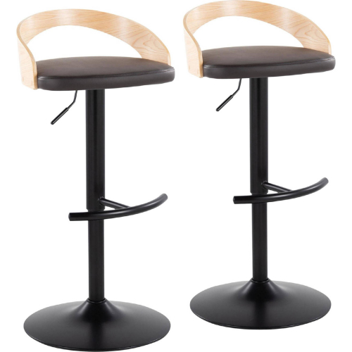 Grotto Adjustable Swivel Bar Stool in Black Metal, Natural Wood & Brown Leatherette (Set of 2)